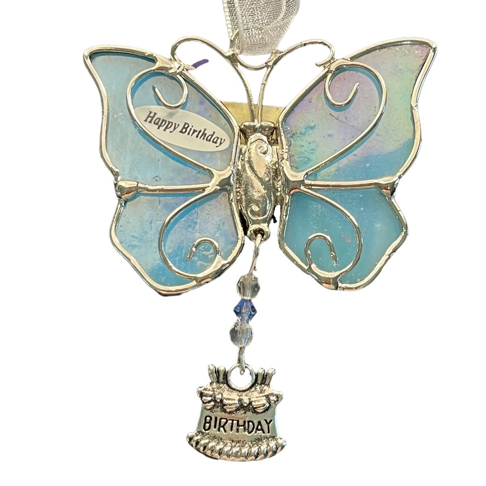 Ganz glass butterfly happy birthday ornament blue and silver